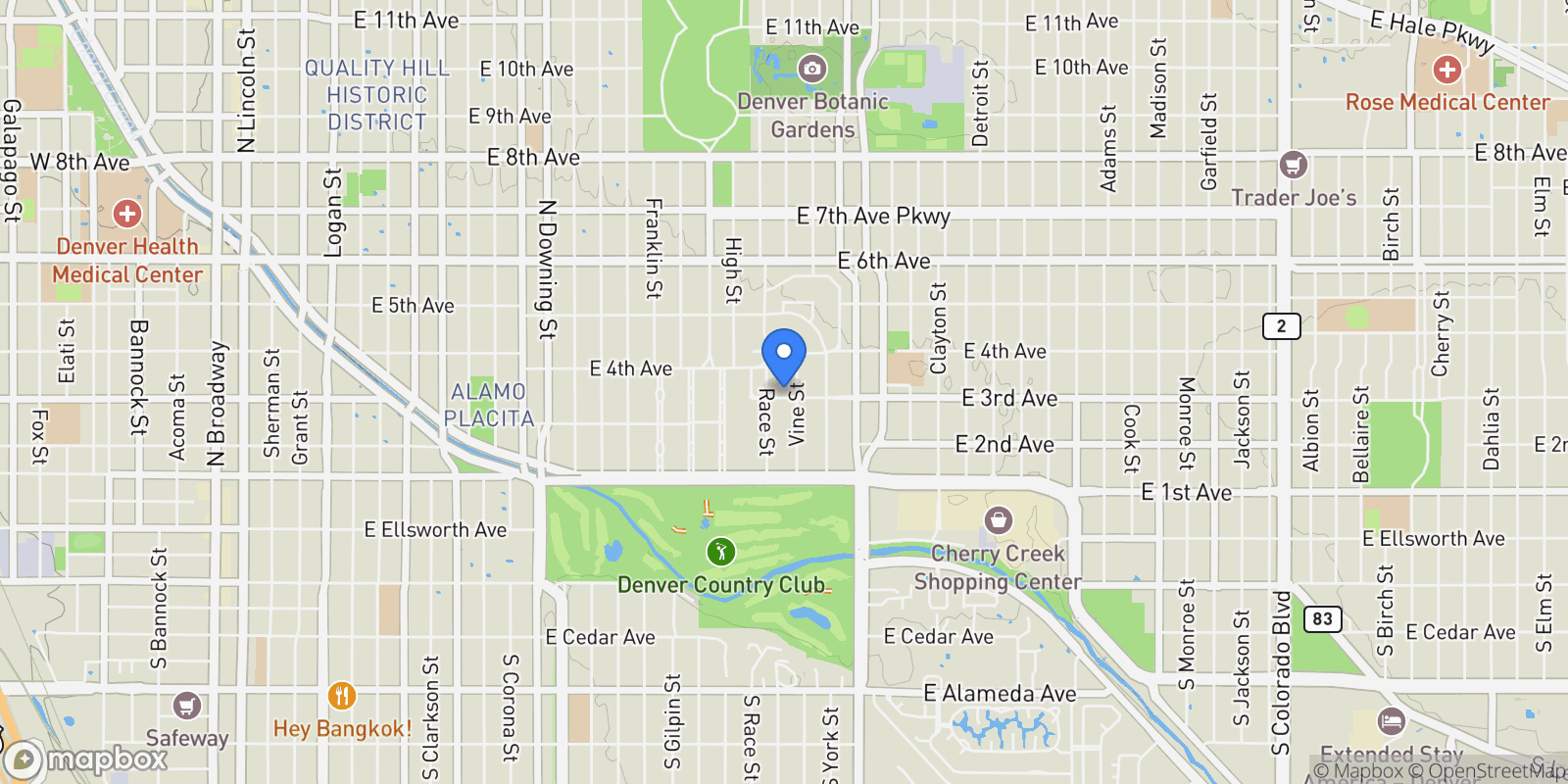 Map showing 2023 E 3rd Avenue, Denver, CO, 80206, USA, Denver, Colorado, United States.