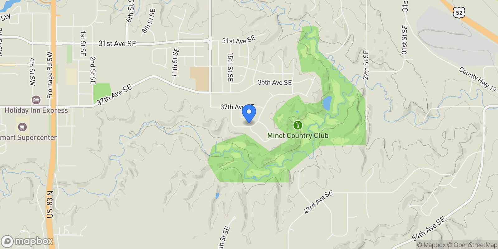 Map showing 1605 Valley Bluffs Drive SE, Minot, ND 58701, Minot, North Dakota, United States.