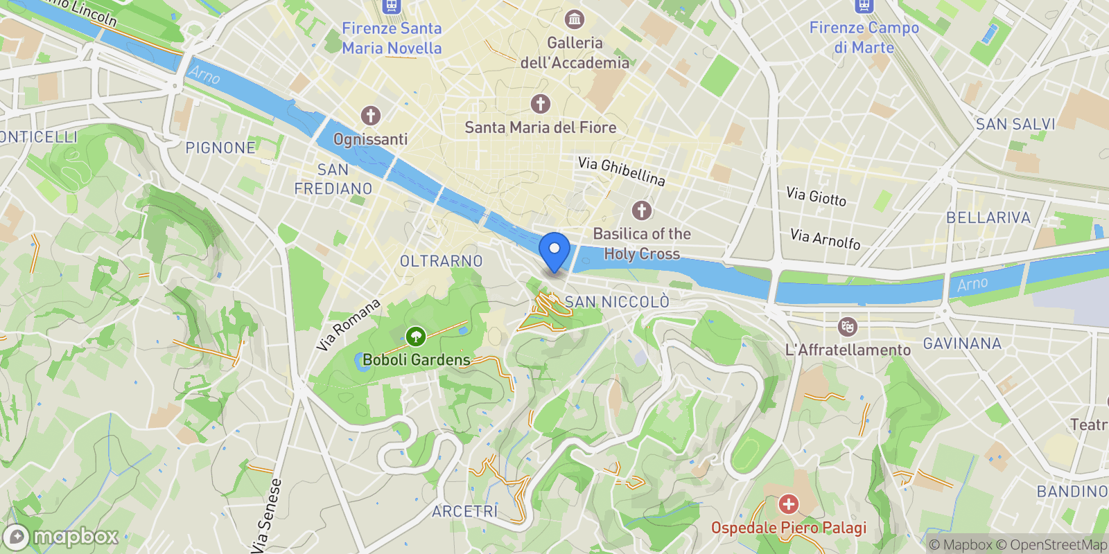Map showing Lungarno Torrigiani, 3, 50125 Firenze FI, Italy, Florence, Tuscany, Italy.