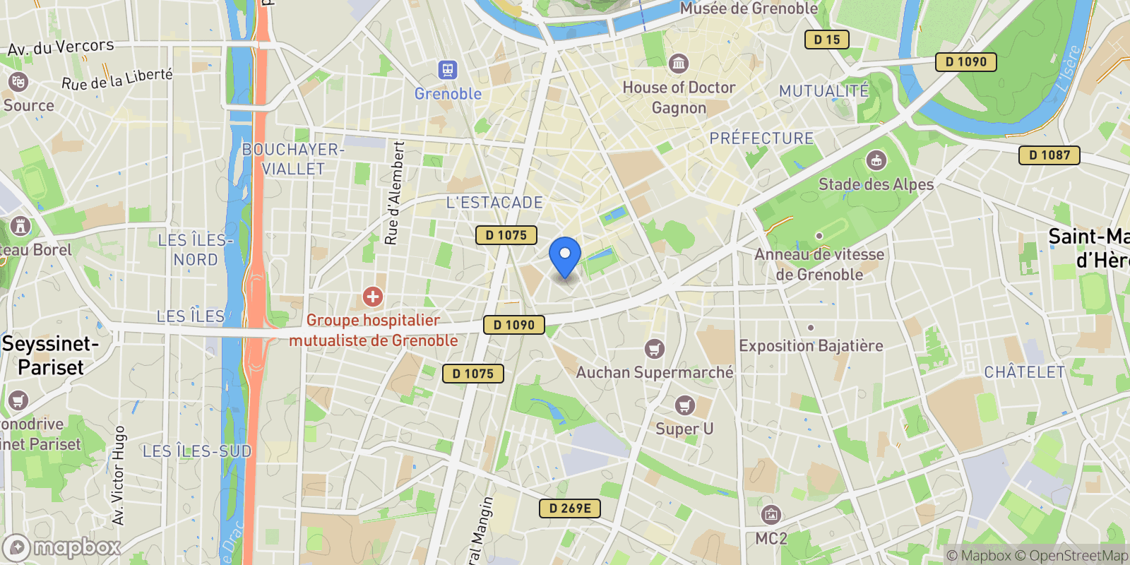 Map showing Grenoble, Auvergne-Rhône-Alpes, France.