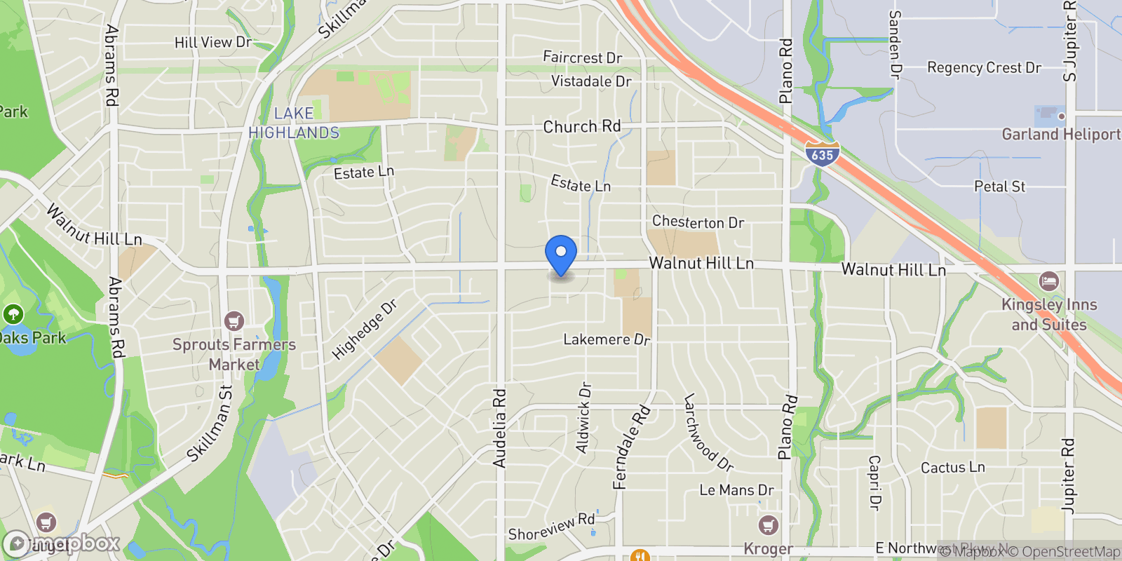 Map showing 9920 Greenfield Drive, Dallas, Texas, United States.