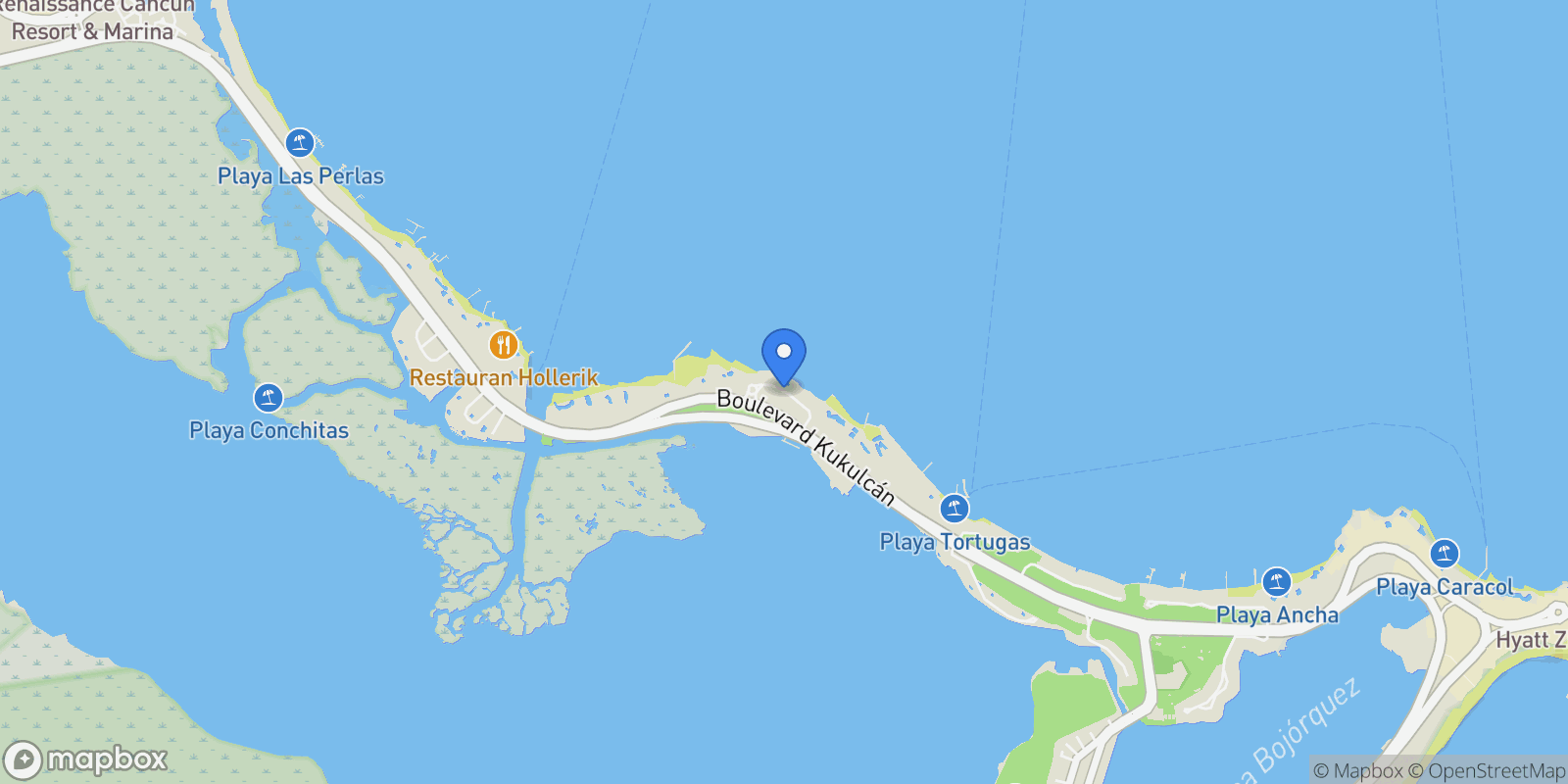 Map showing Pez Volador, Kukulcan Boulevard, Zona Hotelera, 77500 Cancún, Q.R., Mexico, Cancún, Quintana Roo, Mexico.