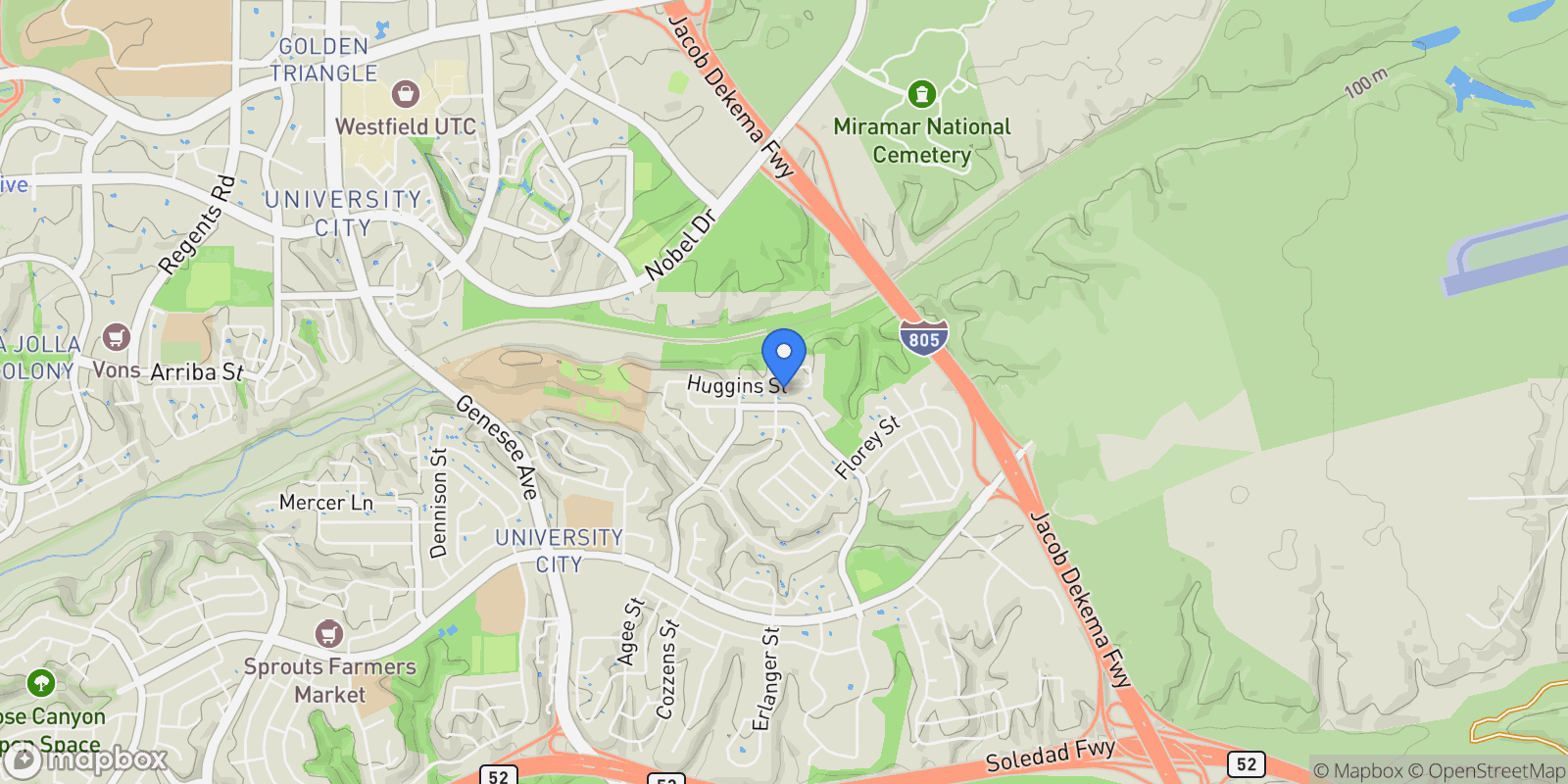 Map showing 4627 Huggins Street, University City, CA, 92122, USA, San Diego, California, United States.