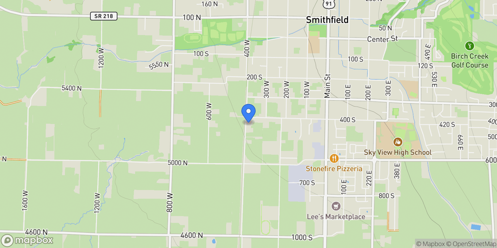 Map showing 438 S 400 W, Smithfield, Utah, United States.
