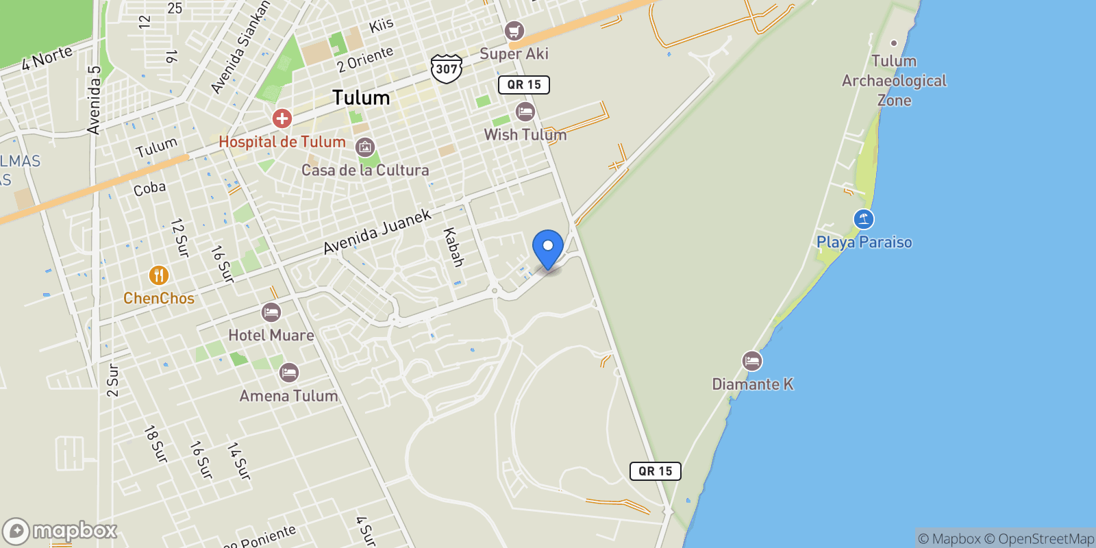 Map showing Av, Aldea Zama Lote 10, 77760 Tulum, Q.R., Mexico, Tulum, Quintana Roo, Mexico.
