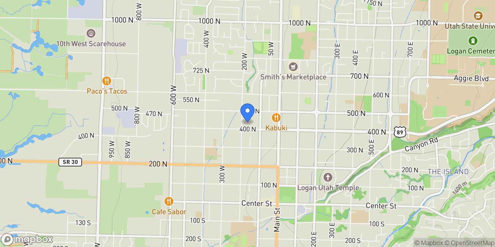 Map showing 420 N 200 W, Logan, Utah, United States.