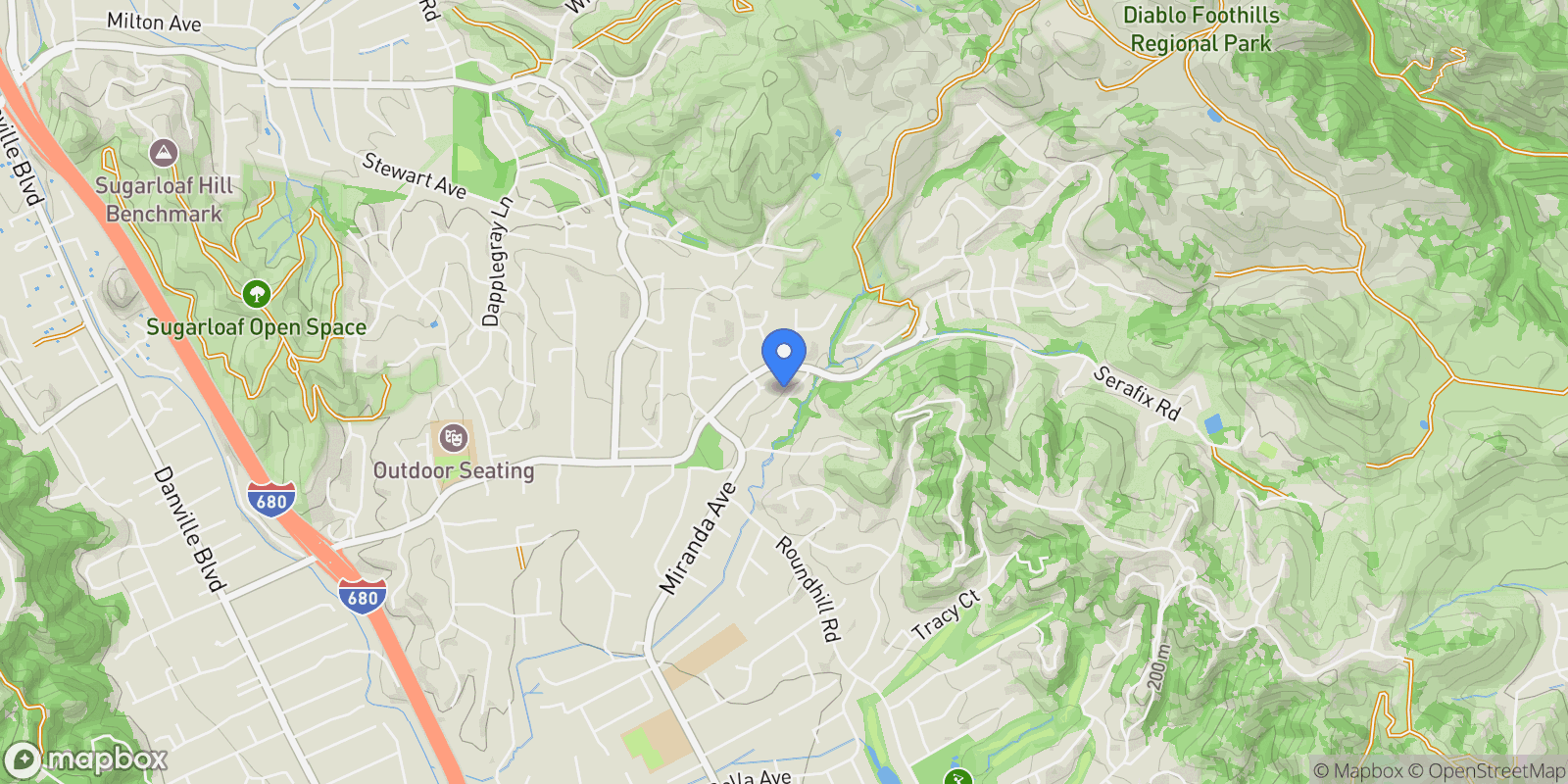Map showing 320 Miranda Ln, Alamo, California, United States.
