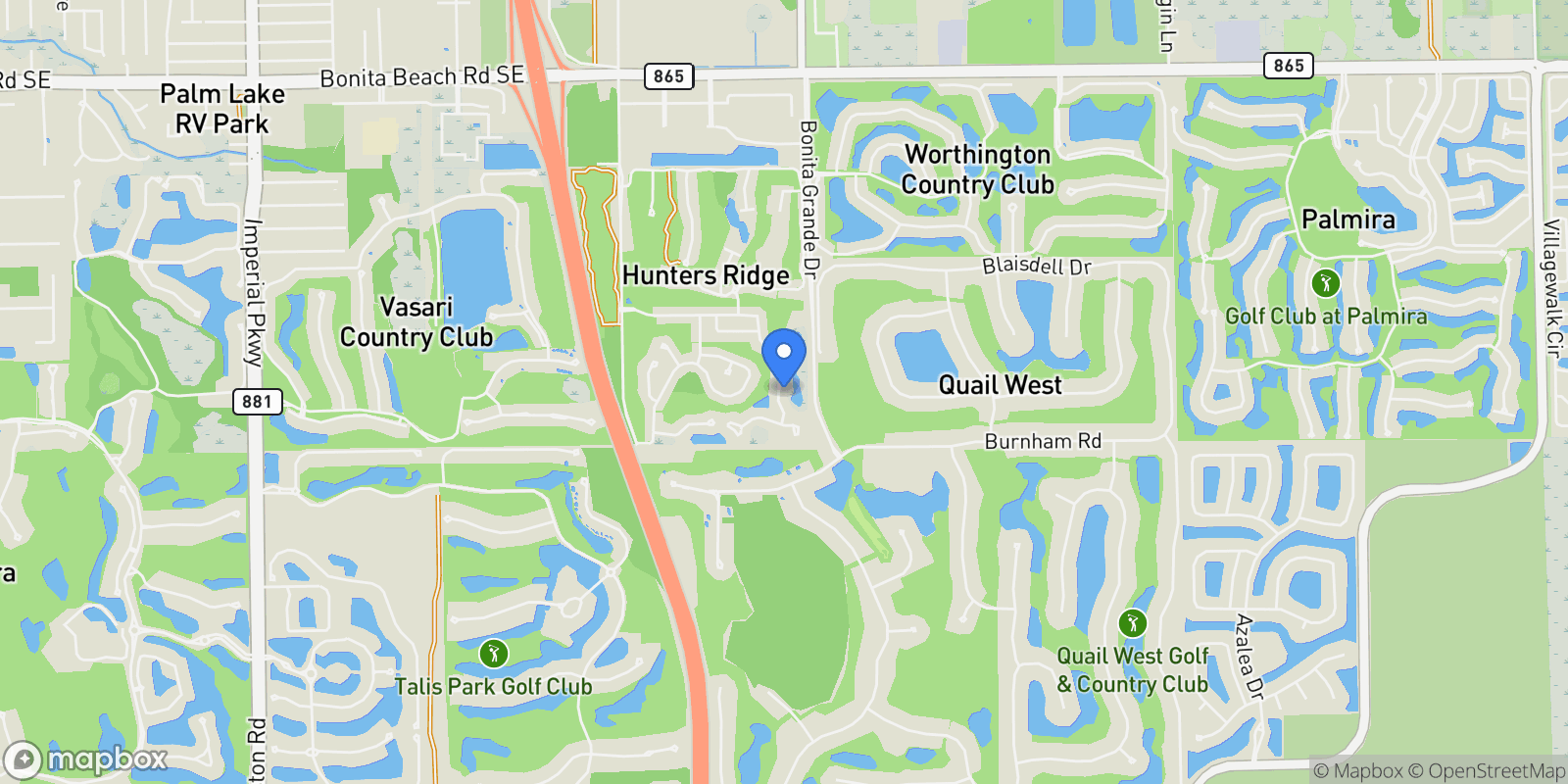 Map showing 12787 Hunters Ridge DR, Bonita Springs, Florida, United States.