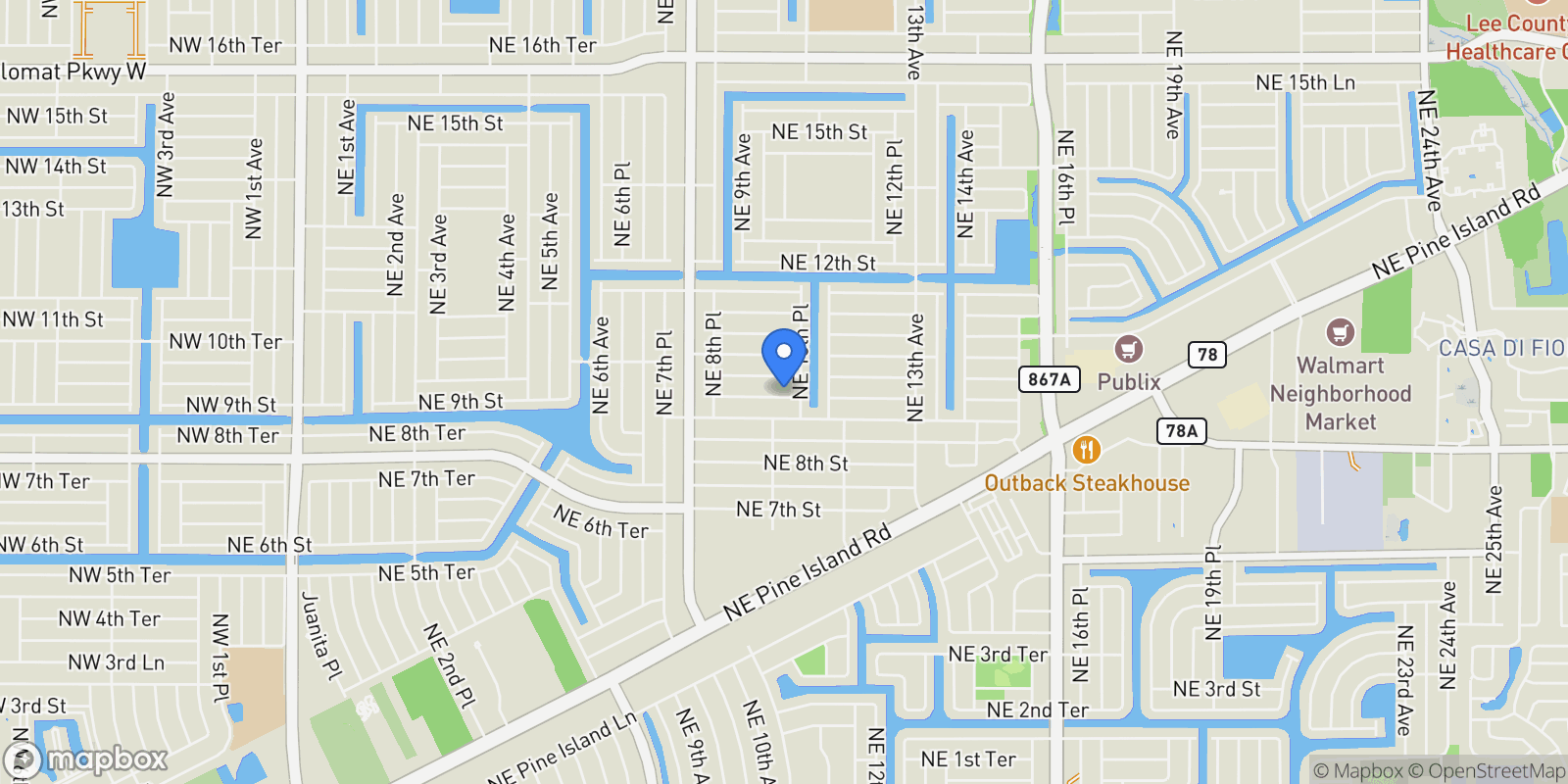 Map showing 1005 NE 9th TER, Cape Coral, Florida, United States.