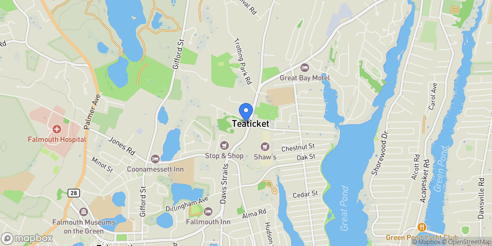 Map showing 156 Teaticket Highway, Falmouth, Massachusetts, United States.