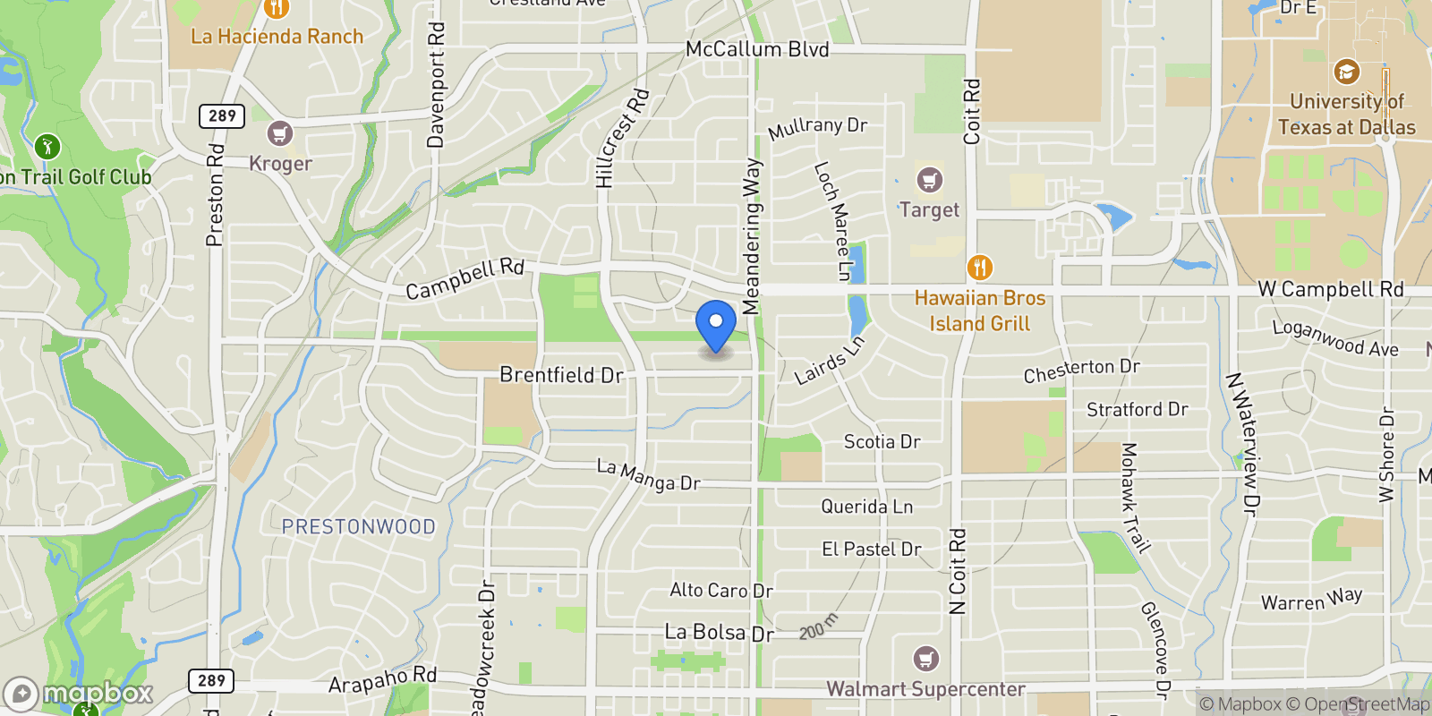 Map showing 7332 Arbor Oaks Drive, Dallas, TX 75248, Dallas, Texas, United States.