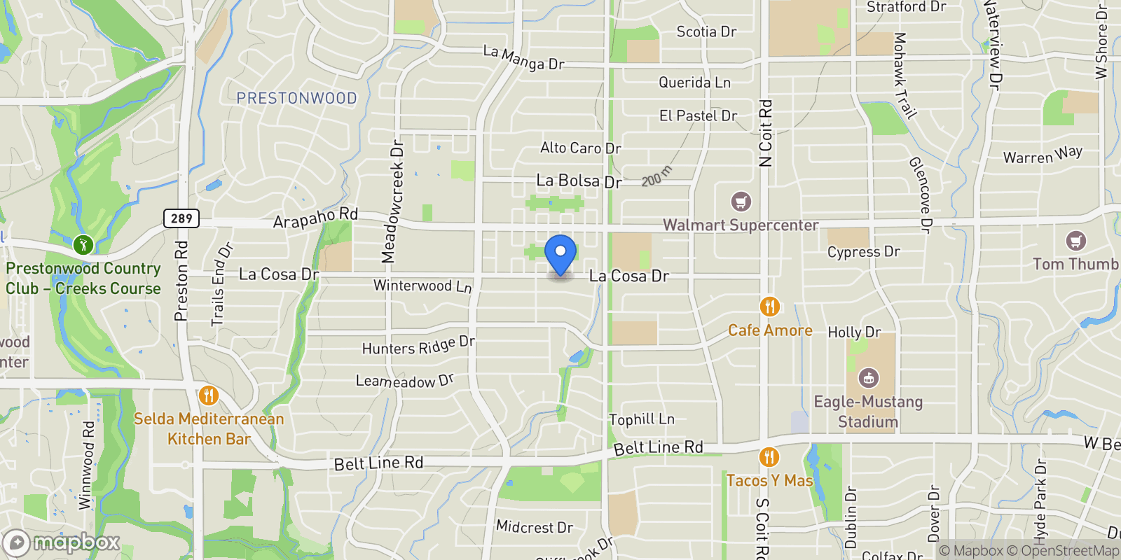 Map showing 7326 La Cosa Drive , Dallas, TX 75248, Dallas, Texas, United States.
