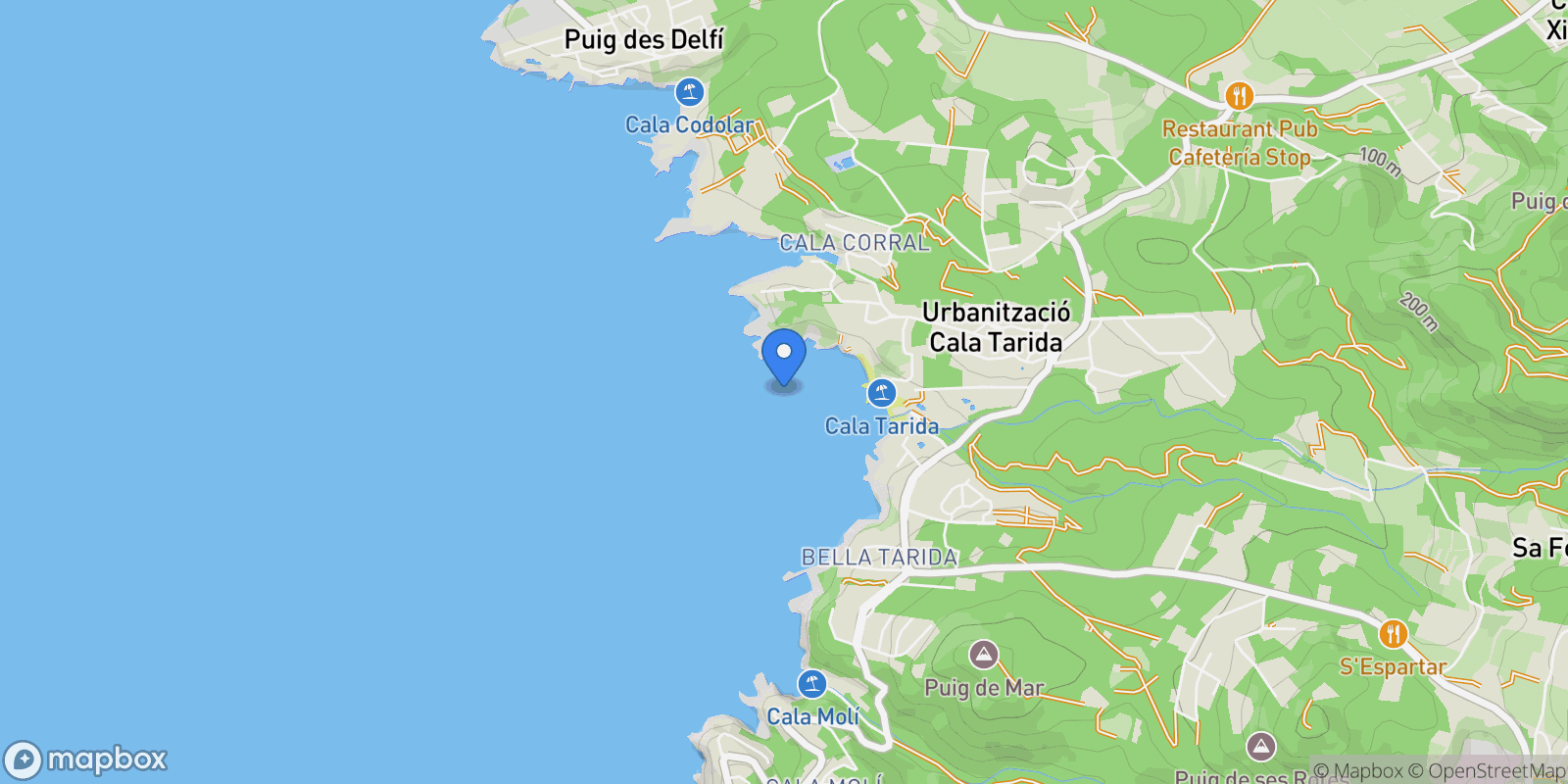 Map showing Cala Tarida, Spain, Balearic Islands, Spain.
