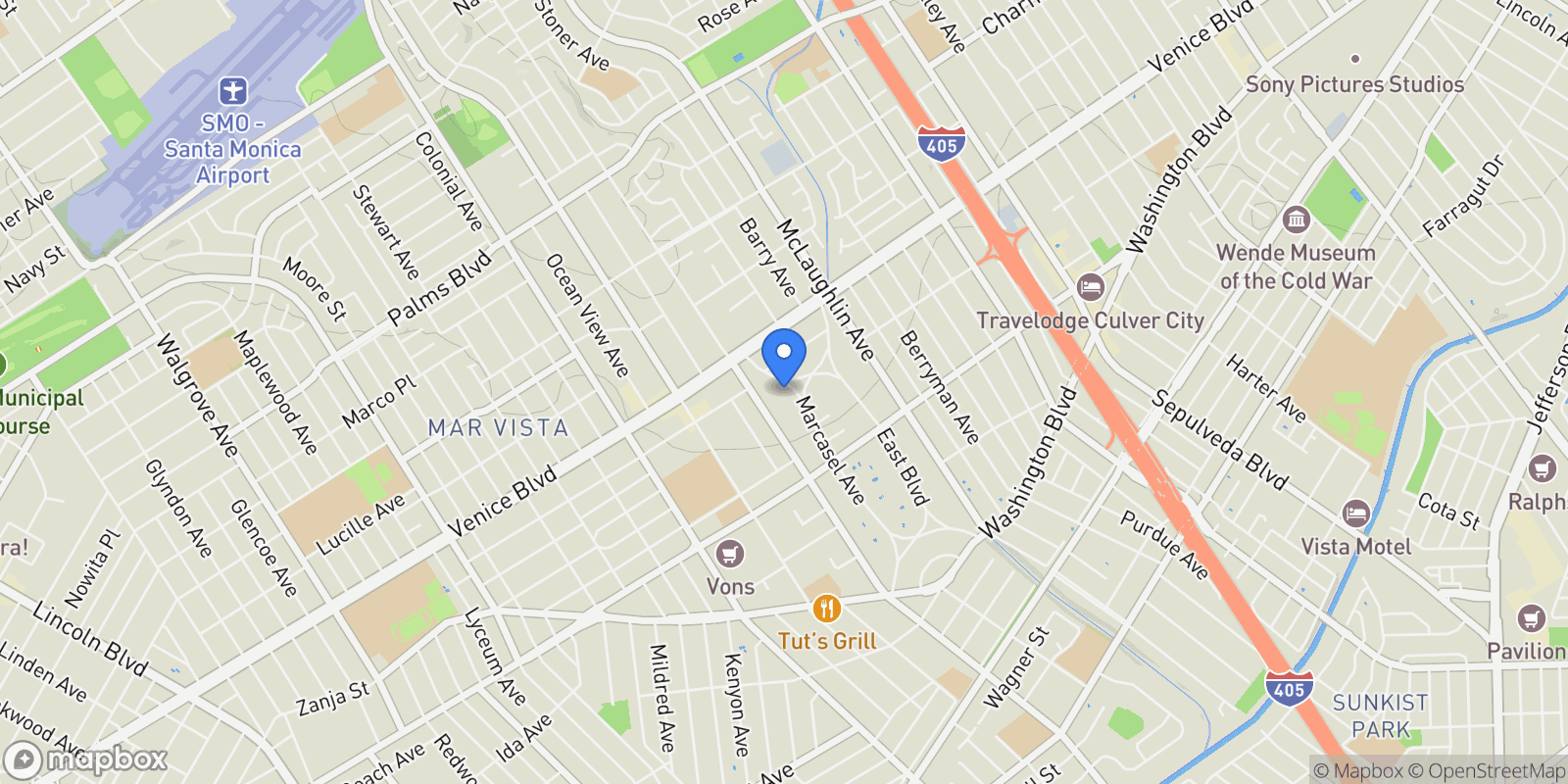 Map showing 3875 Marcasel Avenue, Los Angeles, California, United States.