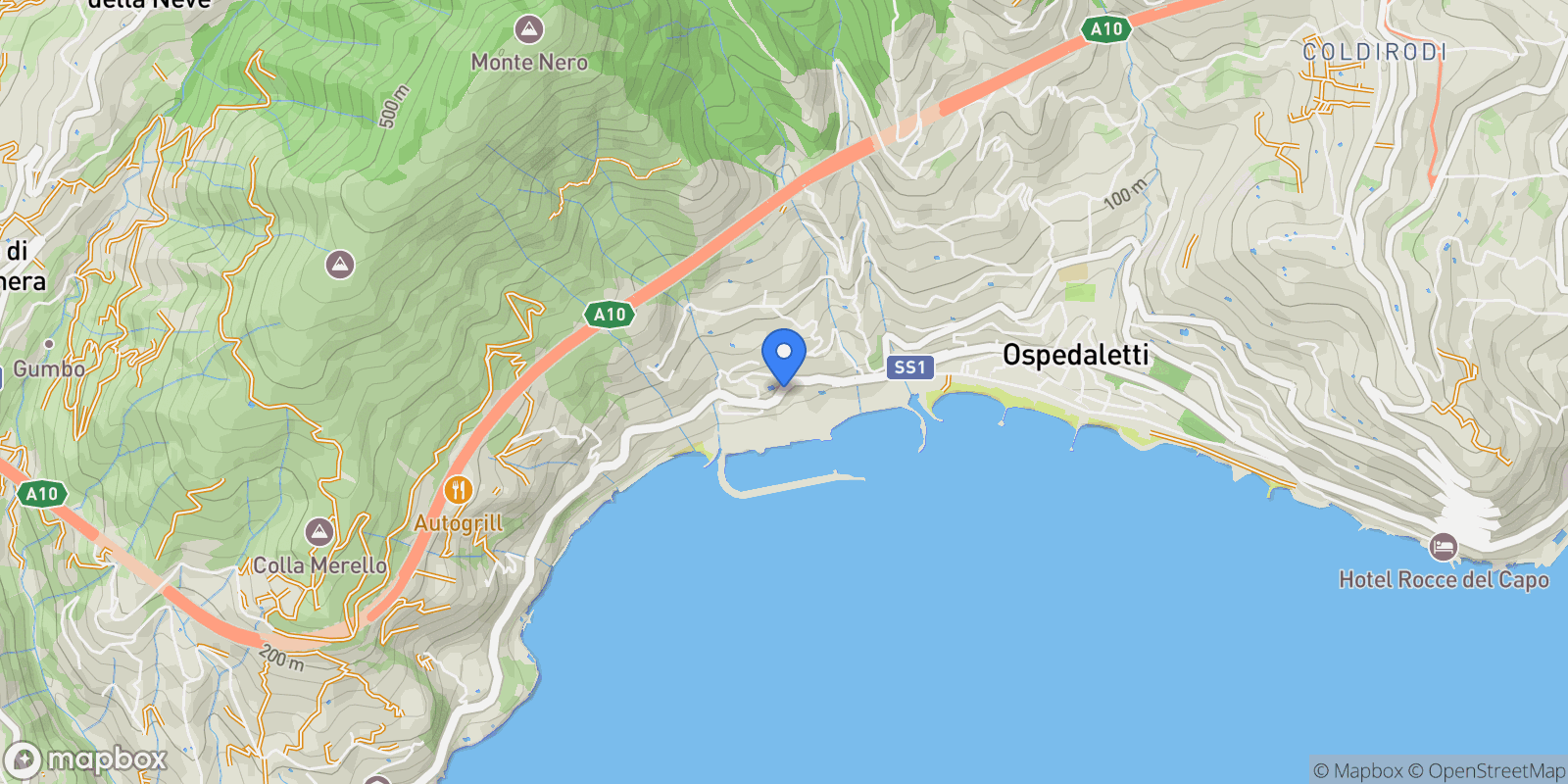 Map showing Ospedaletti VIA AURELIA PONENTE 30, Ospedaletti, Liguria, Italy.