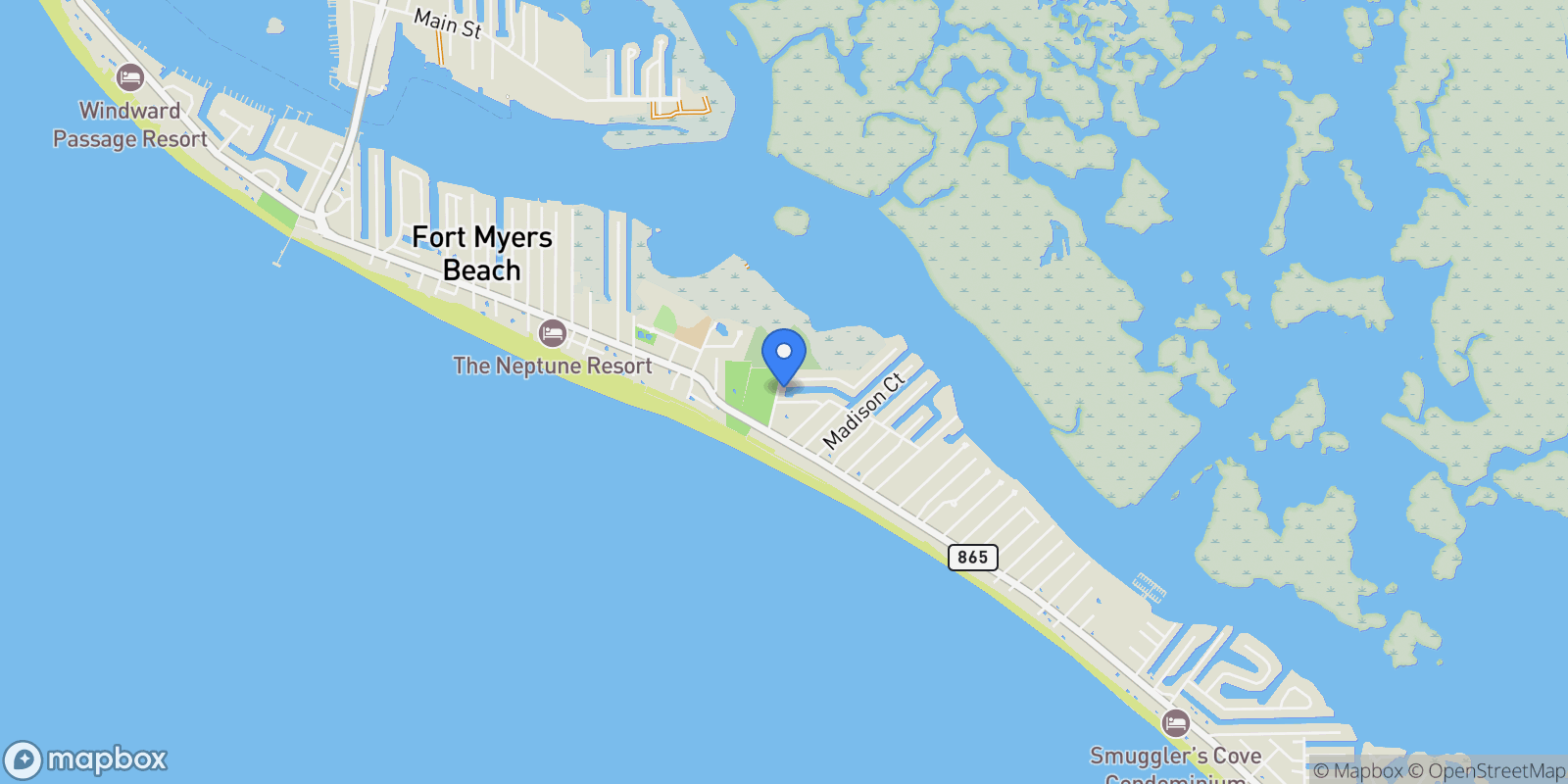 Map showing 180 Donora BLVD, Fort Myers Beach, Florida, United States.