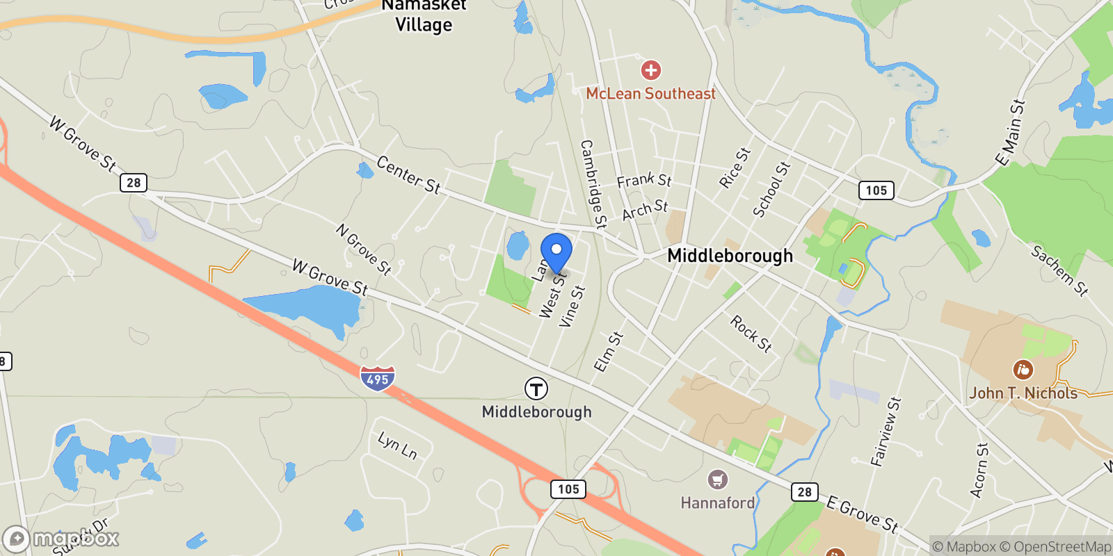 Map showing 45 West Street, Middleboro, MA 02346, Middleborough, Massachusetts, United States.