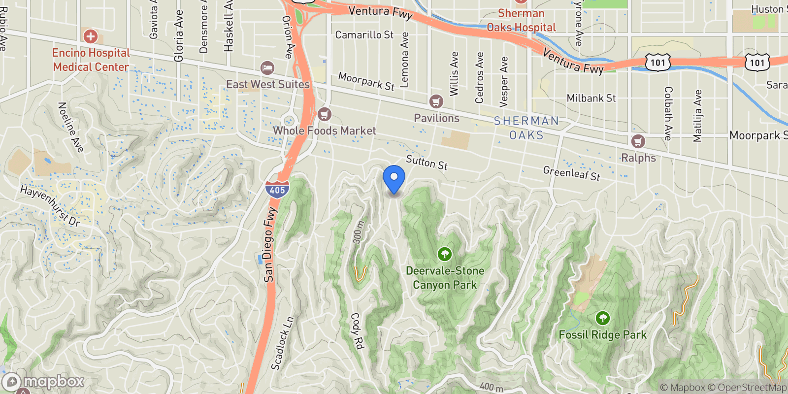 Map showing 14957 Valley Vista Boulevard, Los Angeles, California, United States.