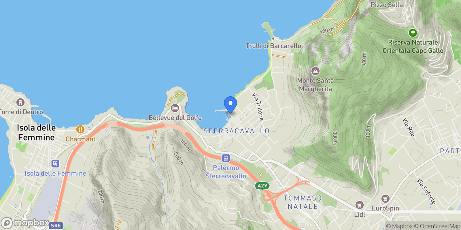 Map showing Via Scalo di Sferracavallo, 90147 Palermo PA, Italy, Palermo, Sicily, Italy.