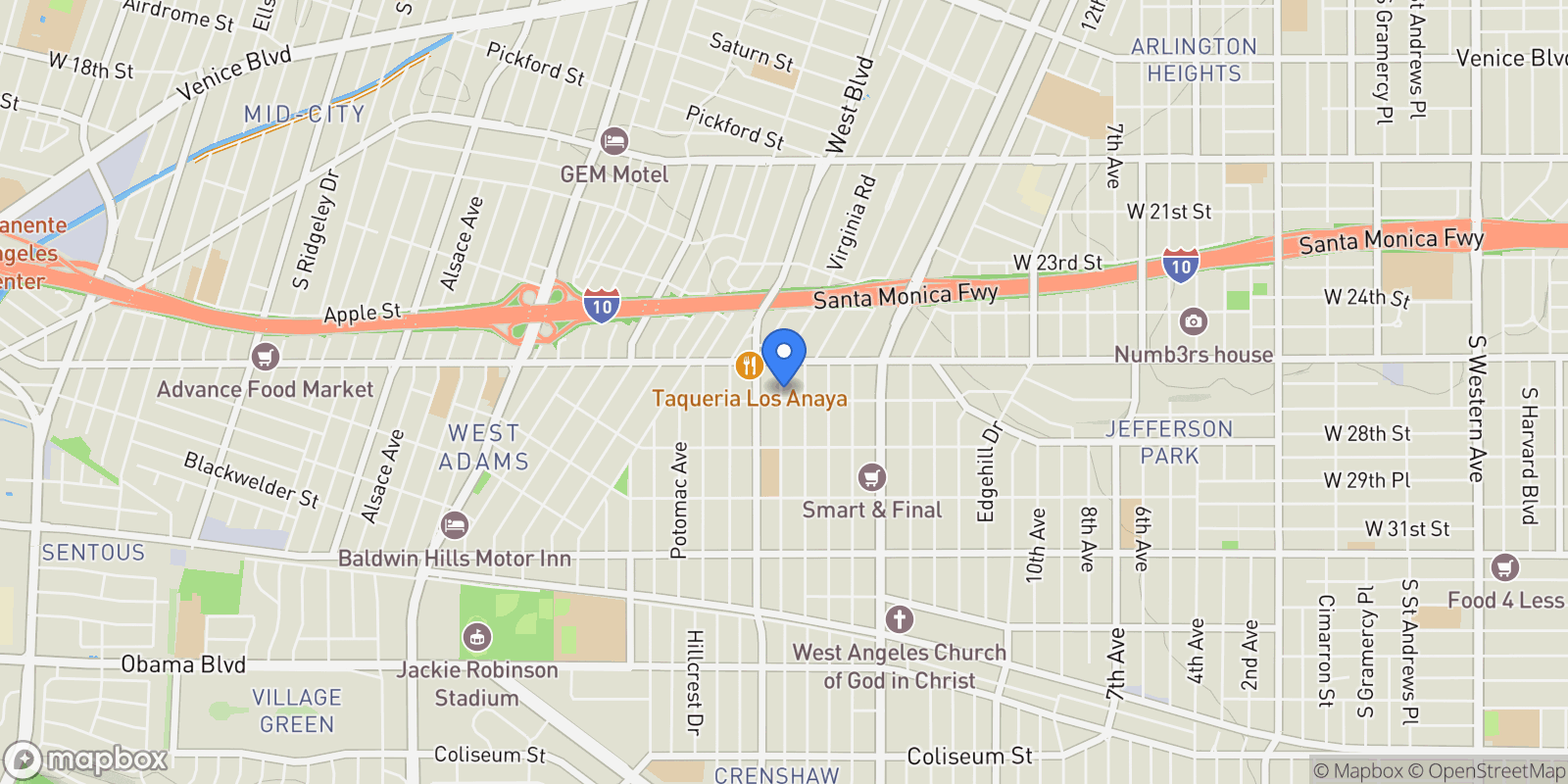 Map showing 2636 Virginia Road, Los Angeles, California, United States.