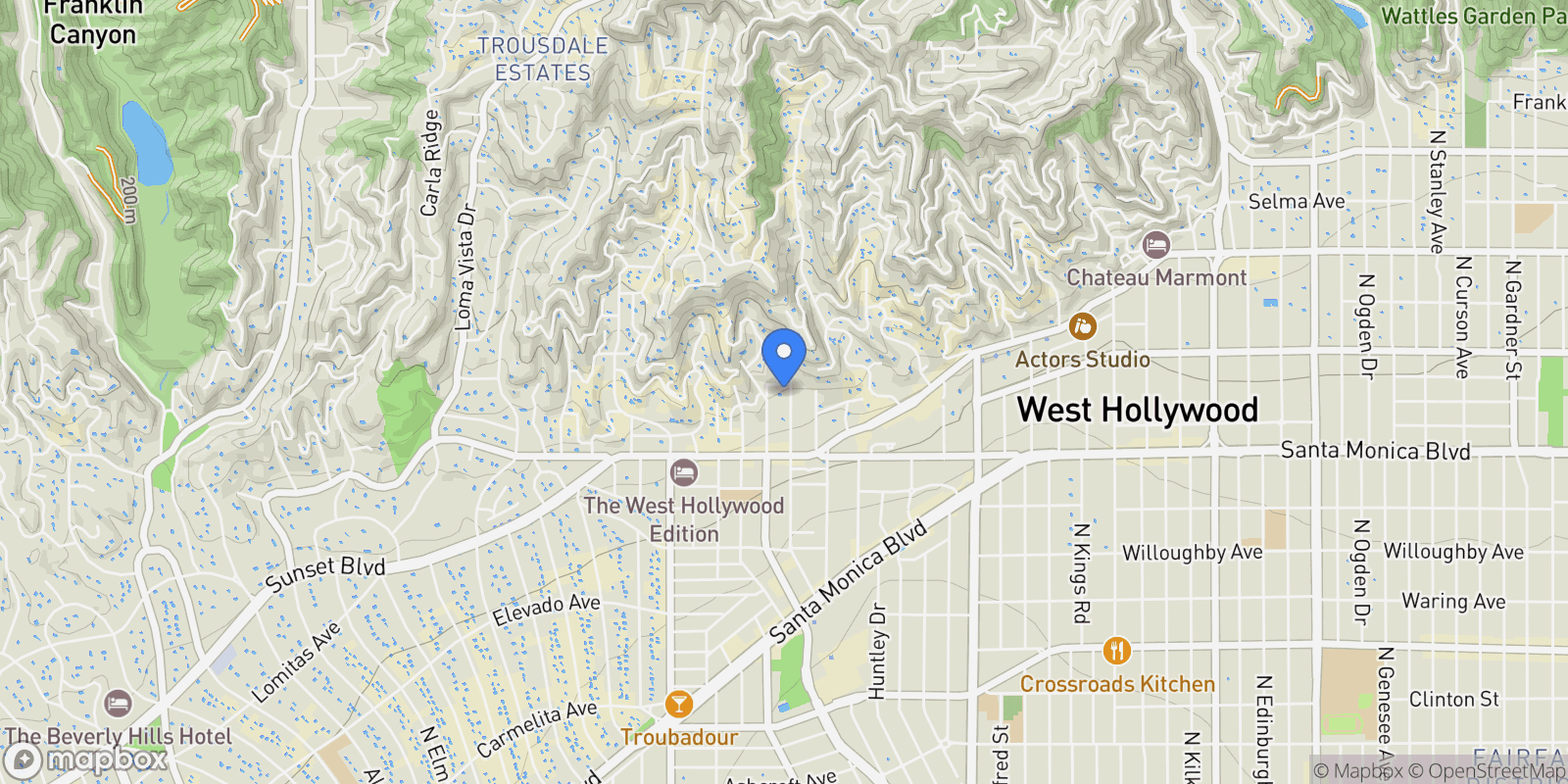 Map showing 1223 Larrabee Street 1, Los Angeles, California, United States.