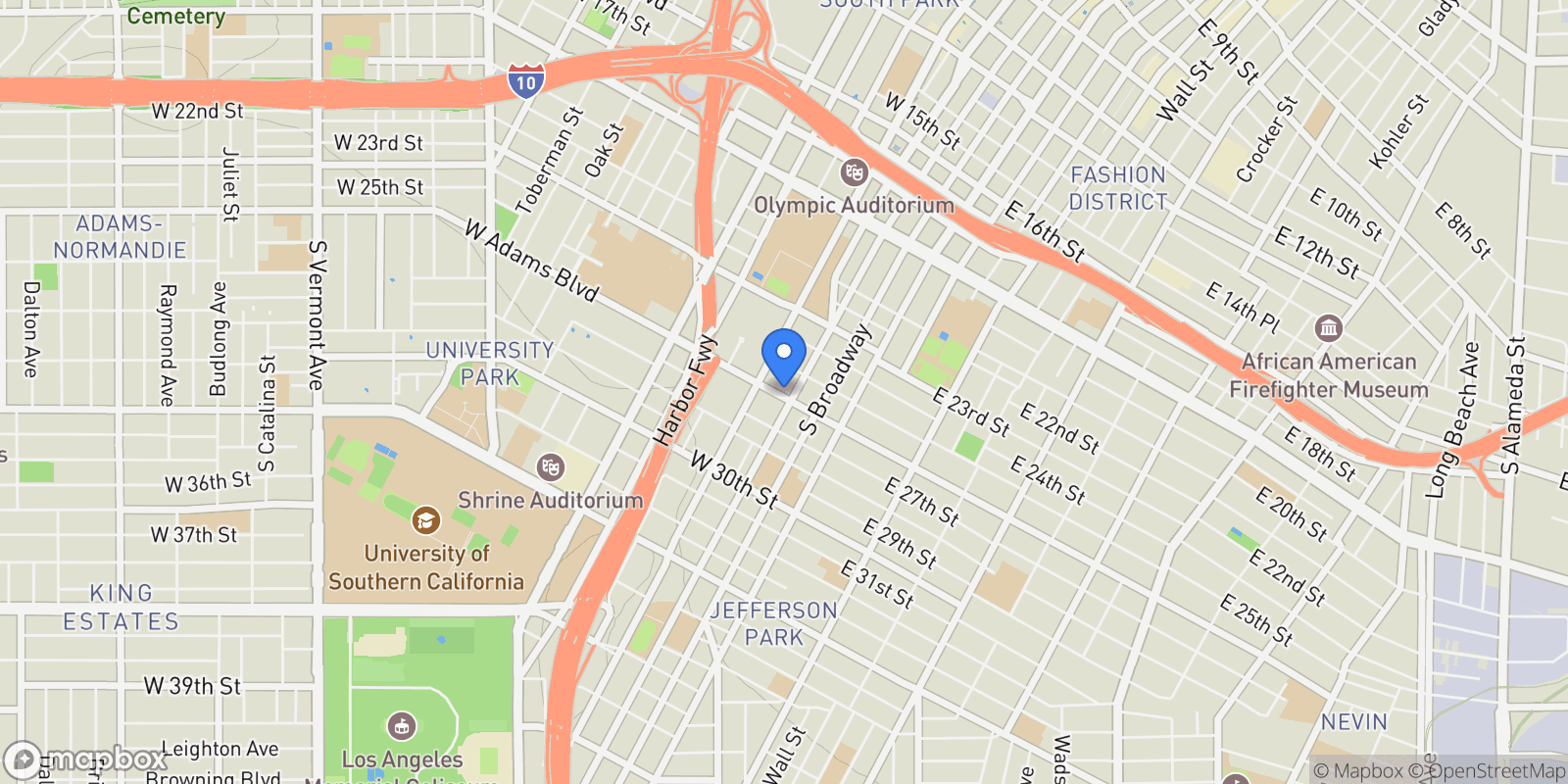 Map showing 225 W Adams Boulevard, Los Angeles, California, United States.