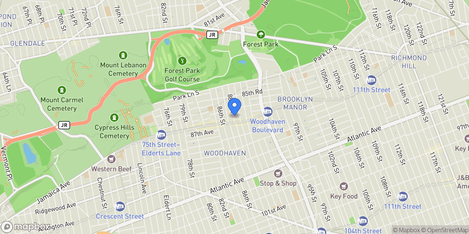 Map showing 85-83 88th Street, Woodhaven, NY 11421, New York, New York, United States.