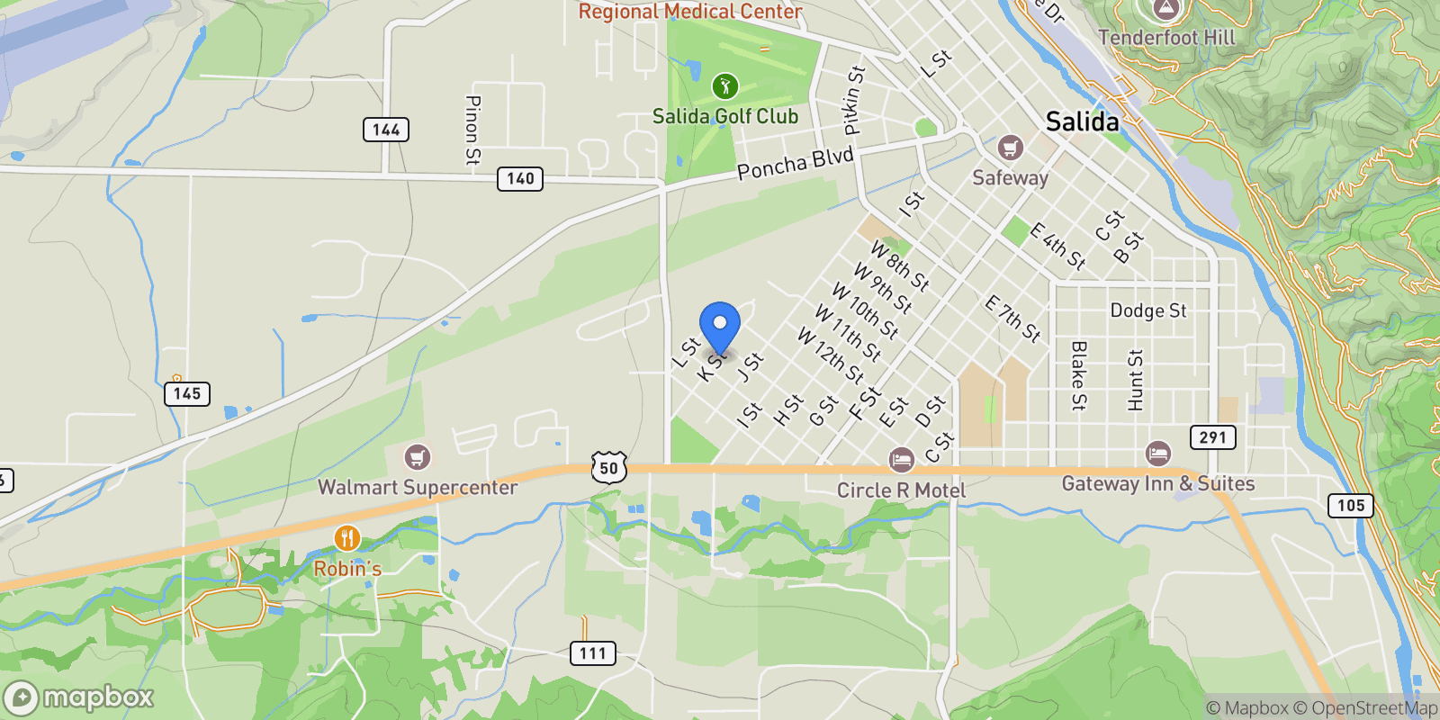 Map showing 1405 K Street, Salida, CO 81201, Salida, Colorado, United States.