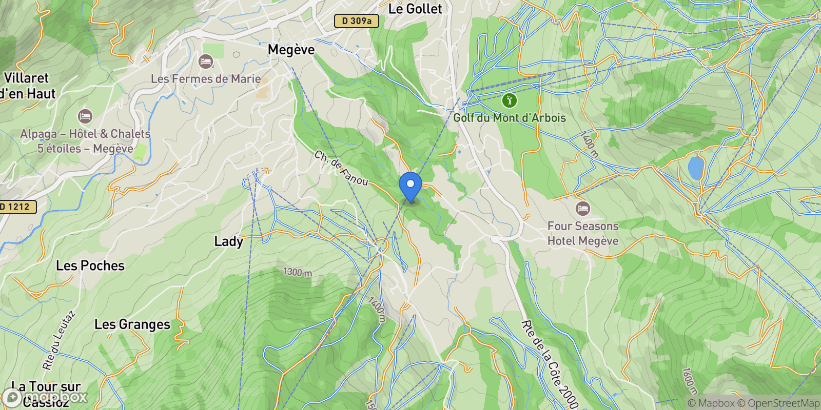 Map showing Megève, Auvergne-Rhône-Alpes, France.