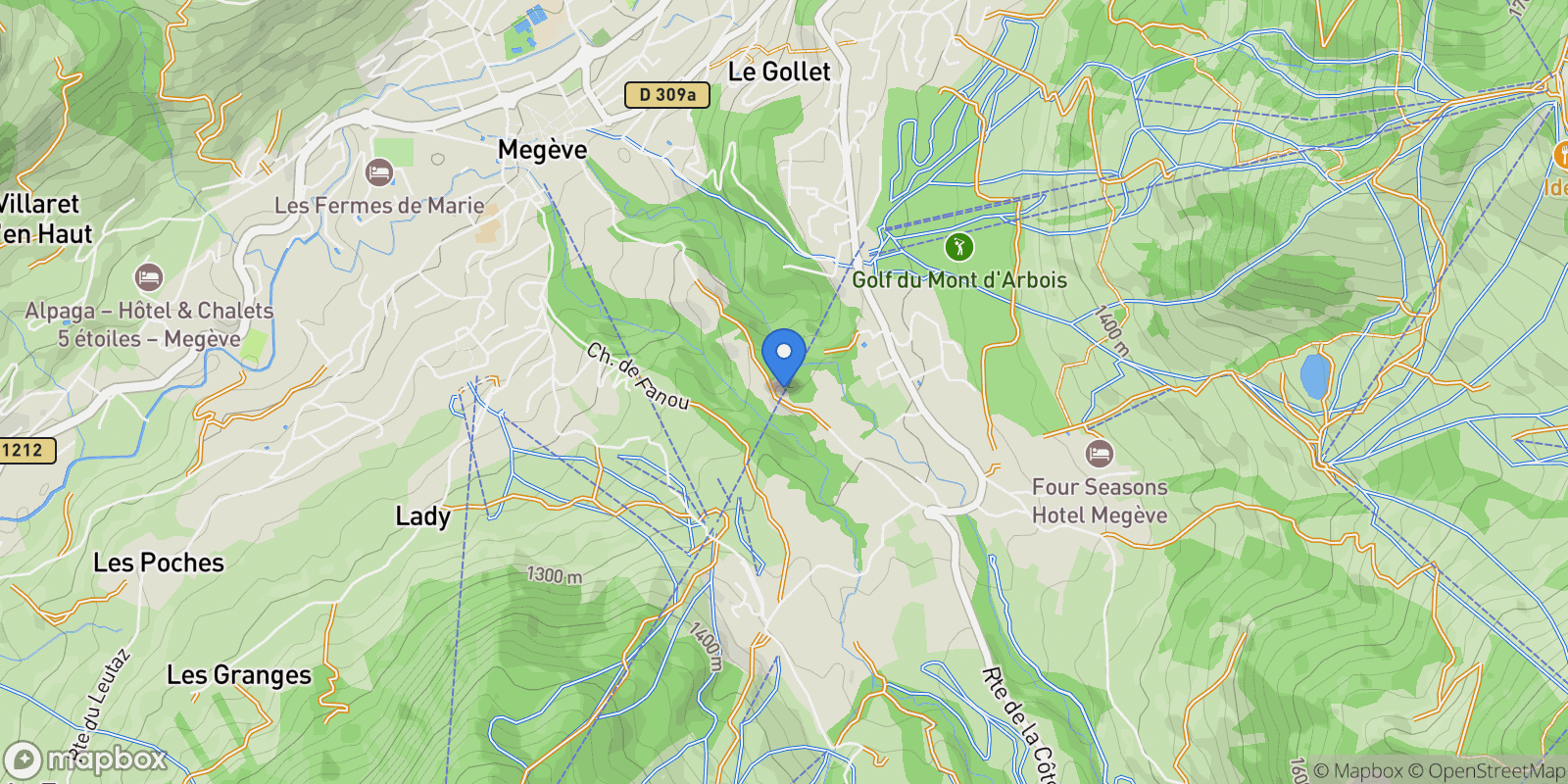 Map showing Megève, Auvergne-Rhône-Alpes, France.