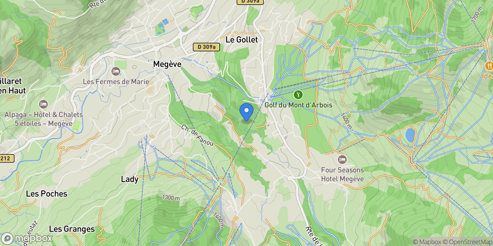 Map showing Megève, Auvergne-Rhône-Alpes, France.