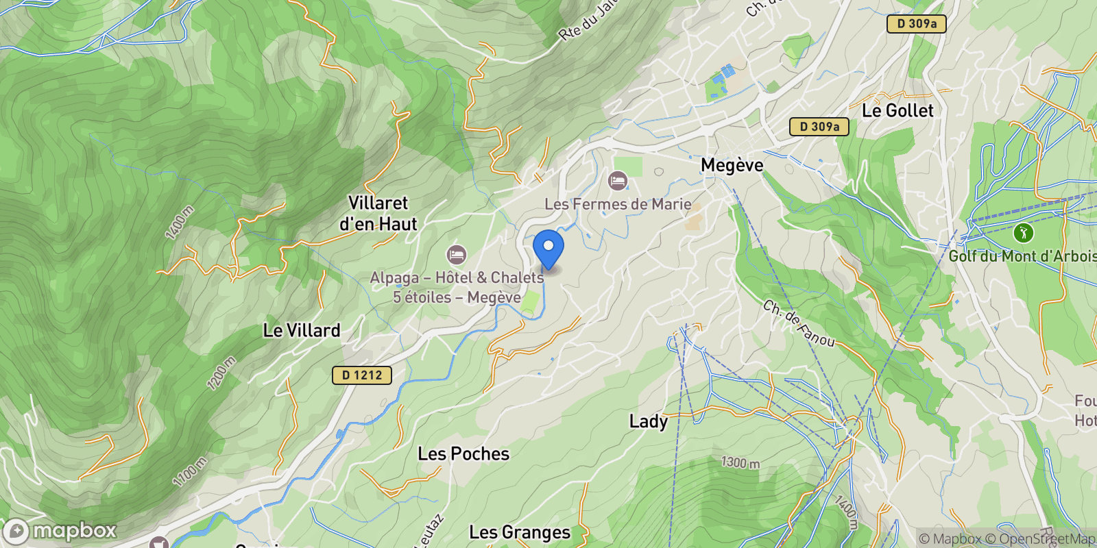 Map showing Megève, Auvergne-Rhône-Alpes, France.