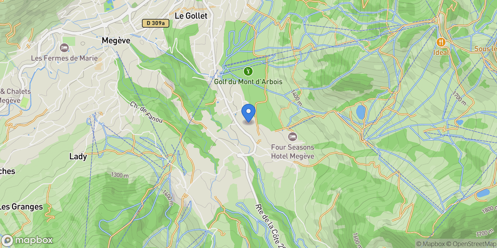 Map showing Megève, Auvergne-Rhône-Alpes, France.