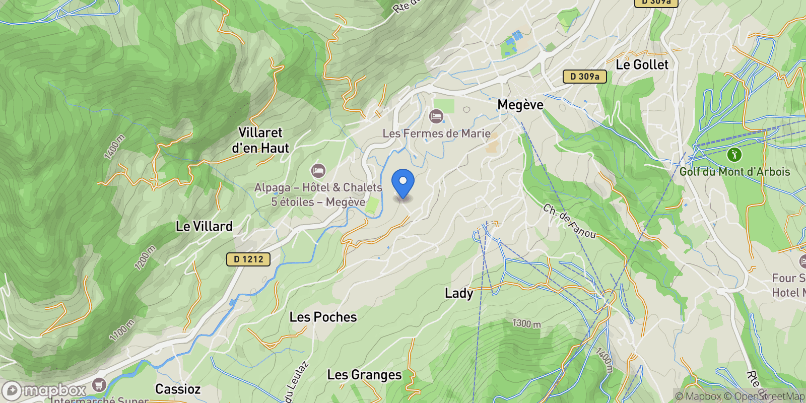 Map showing Megève, Auvergne-Rhône-Alpes, France.