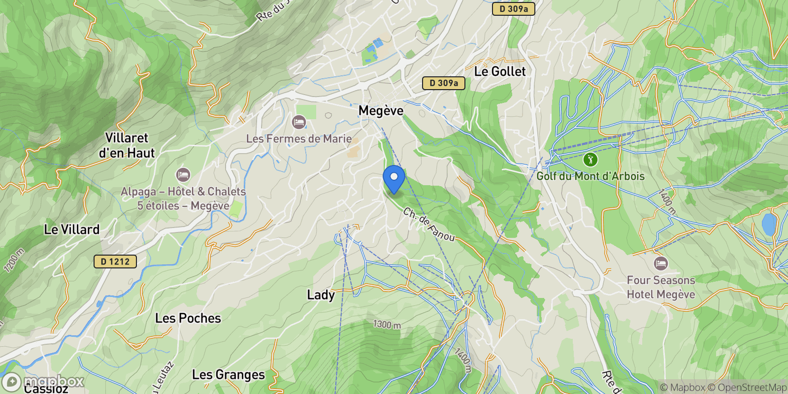 Map showing Megève, Auvergne-Rhône-Alpes, France.