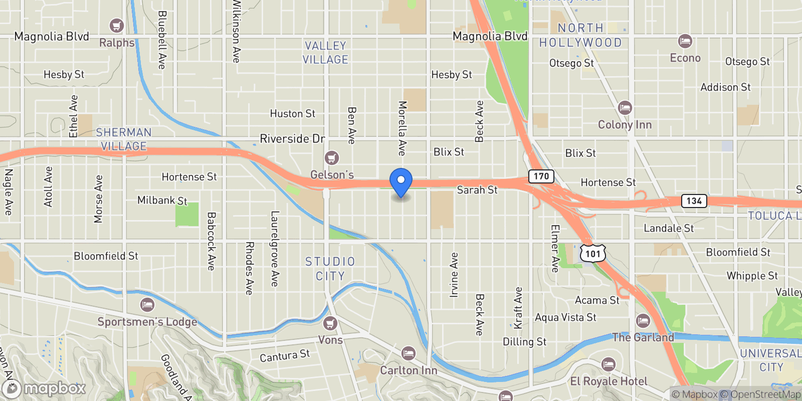 Map showing 4559 Morella Avenue, Los Angeles, California, United States.