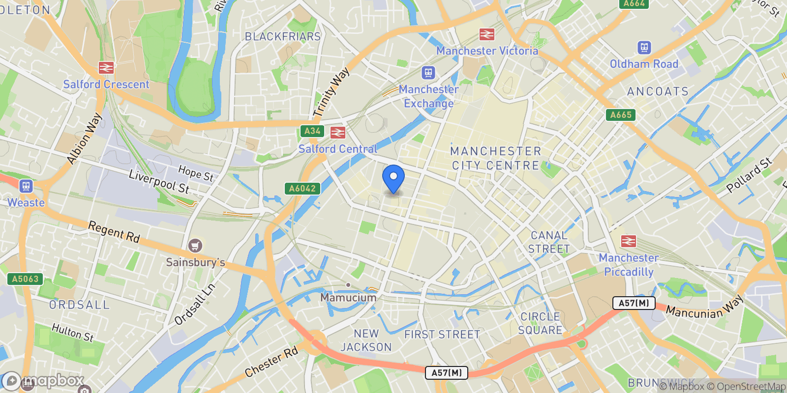 Map showing Spinningfields, Manchester M3, UK, Manchester, England, United Kingdom.