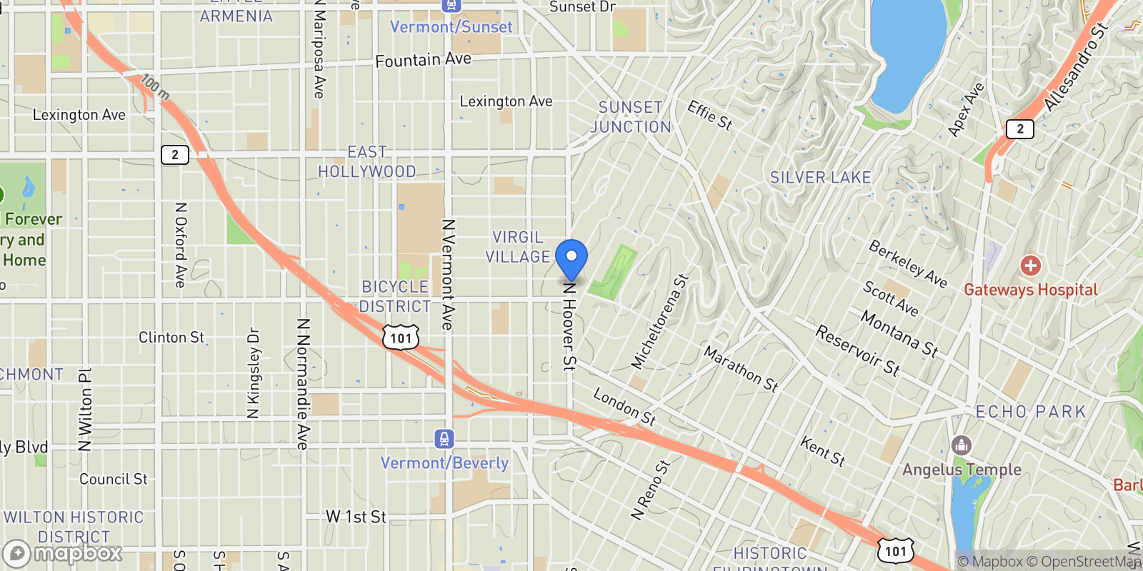 Map showing 718 N Hoover Street, Los Angeles, California, United States.