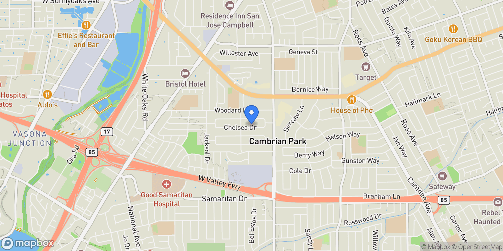 Map showing 15171 Chelsea Drive, San Jose, California, United States.