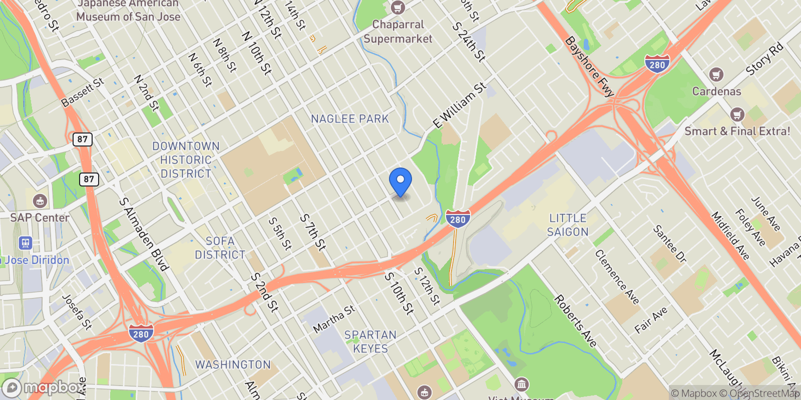 Map showing 631 S 14th Street, San Jose, California, United States.