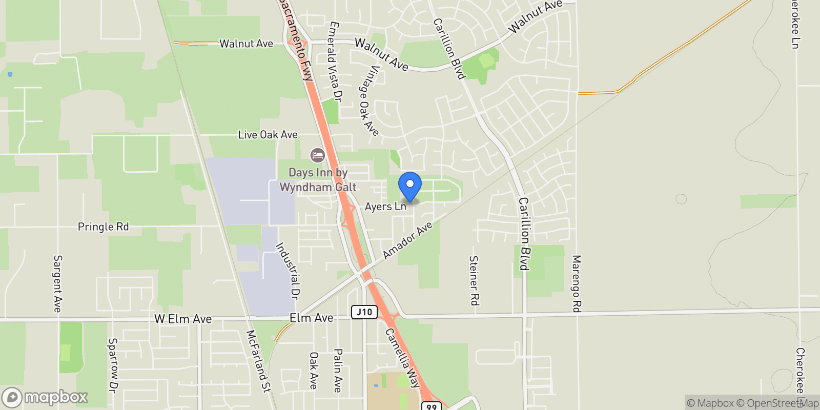 Map showing 979 Ayers Lane, Galt, CA 95632, Galt, California, United States.