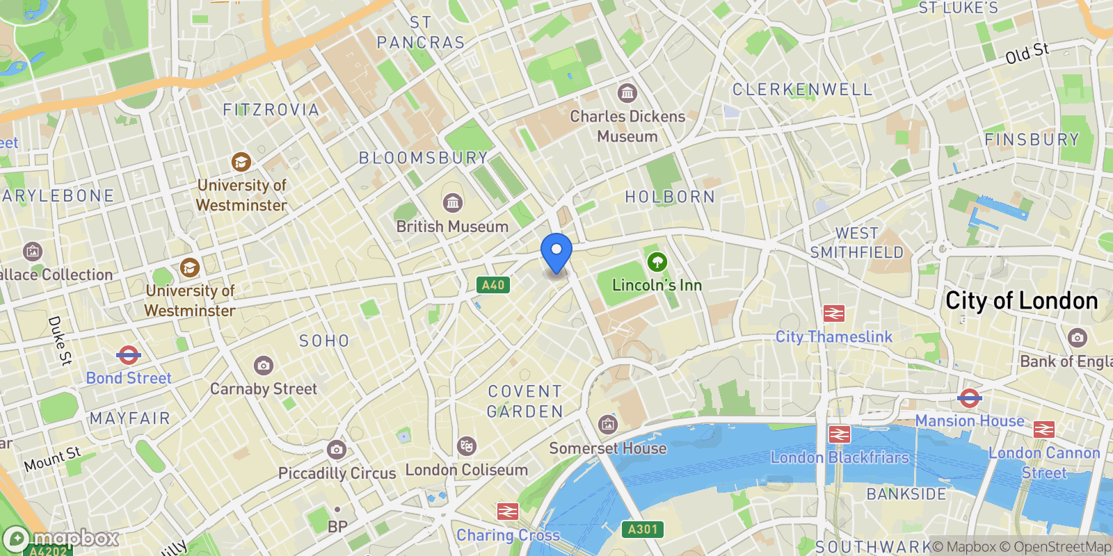 Map showing Hexagon Apartments, 33 Newton Street, London, London, England, United Kingdom.