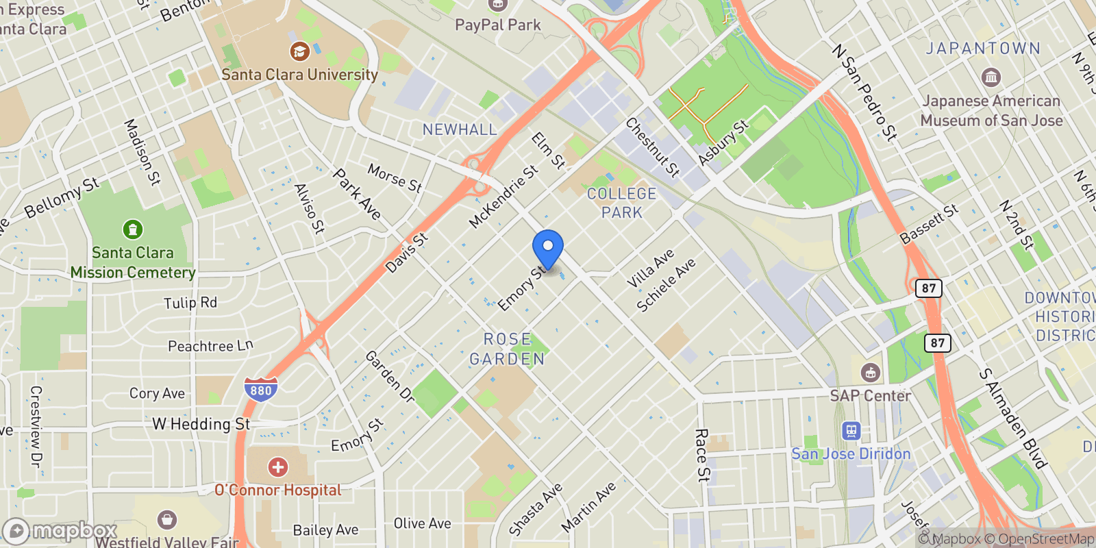 Map showing 1190 Emory Street, San Jose, CA 95126, San Jose, California, United States.