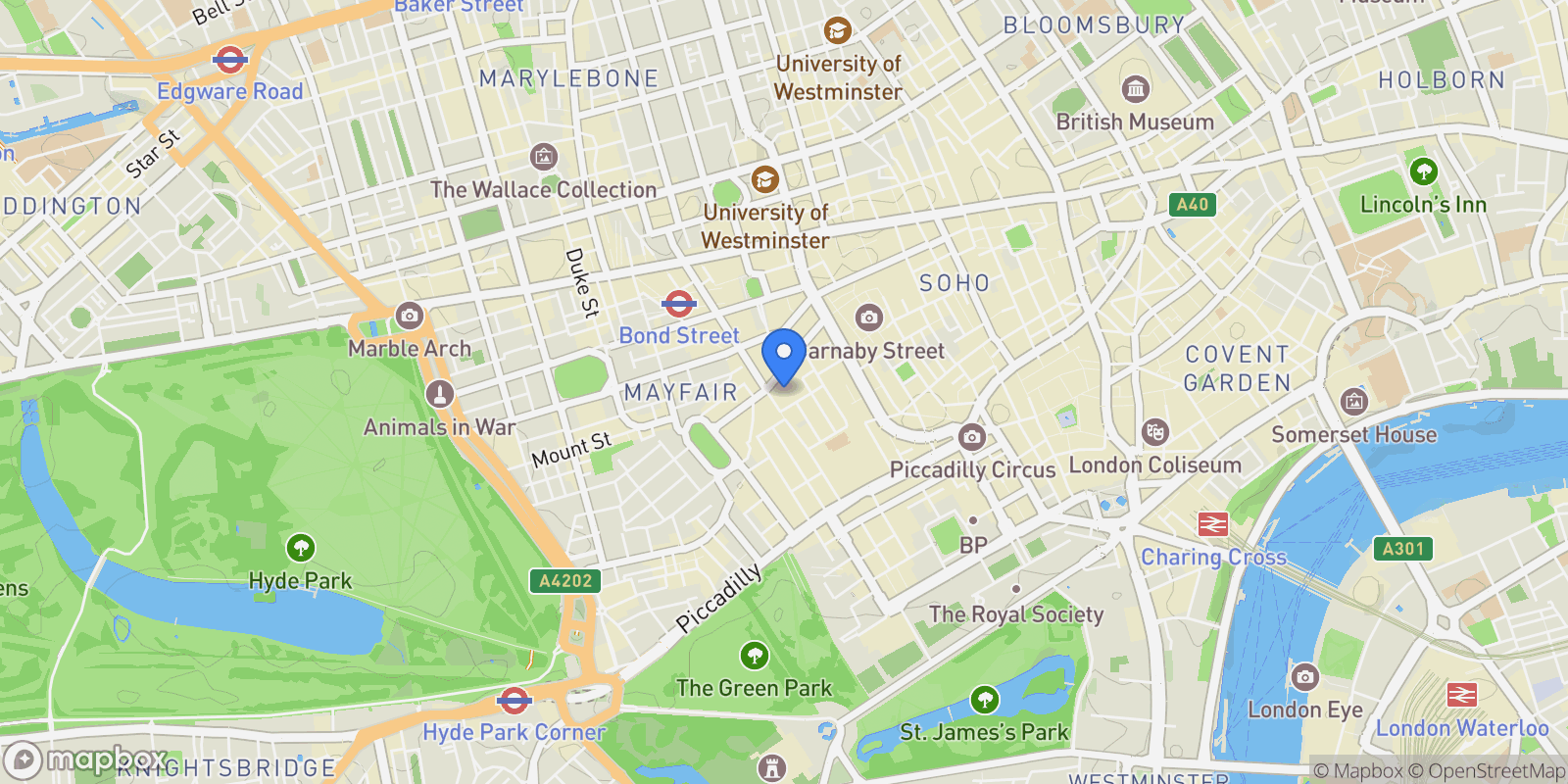 Map showing 22 Hanover Square, London, England, United Kingdom.