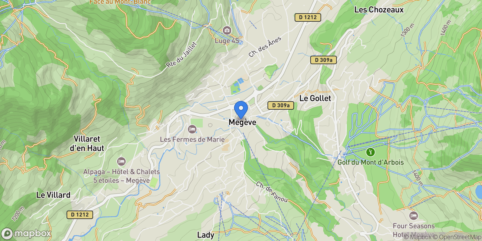 Map showing Megève, Auvergne-Rhône-Alpes, France.