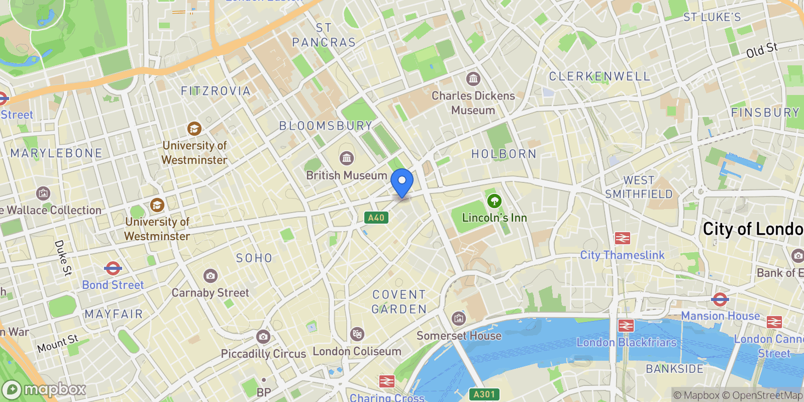 Map showing 33 Newton Street, London, England, United Kingdom.
