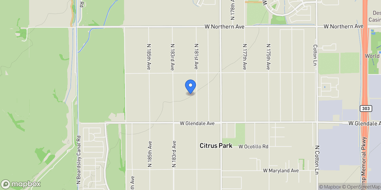 Map showing 7336 N 181ST Avenue, Waddell, AZ 85355, Surprise, Arizona, United States.