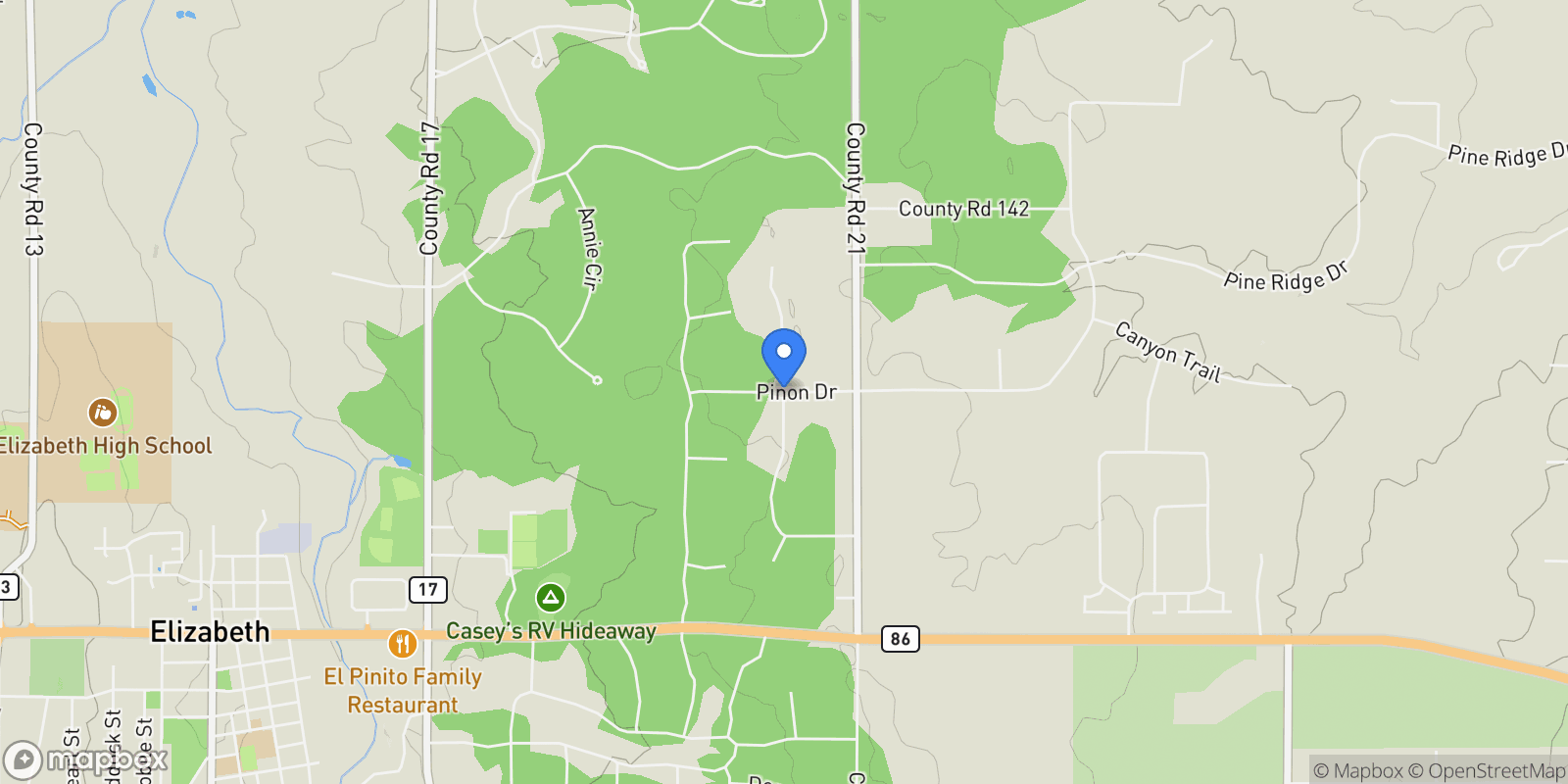 Map showing 4726 Pinon Dr, Elizabeth, Colorado, United States.