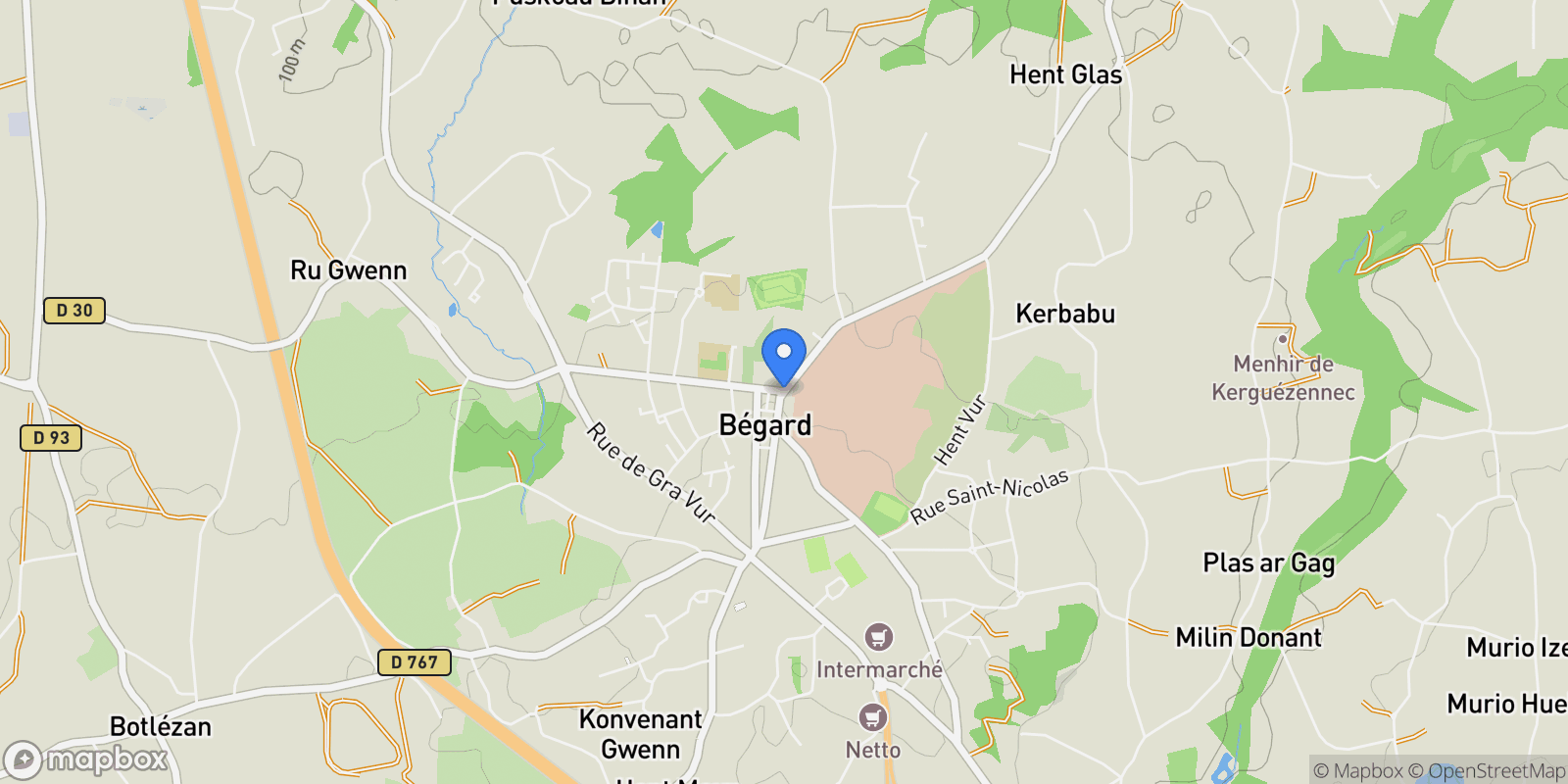 Map showing Bégard, Brittany, France.