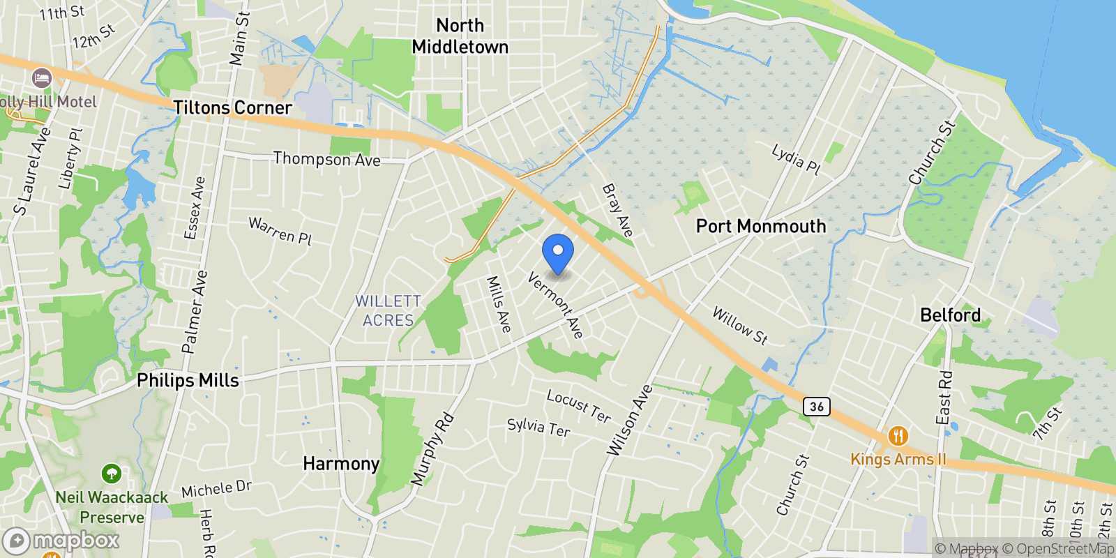 Map showing 34 York Avenue, Port Monmouth, NJ 07758, Port Monmouth, New Jersey, United States.